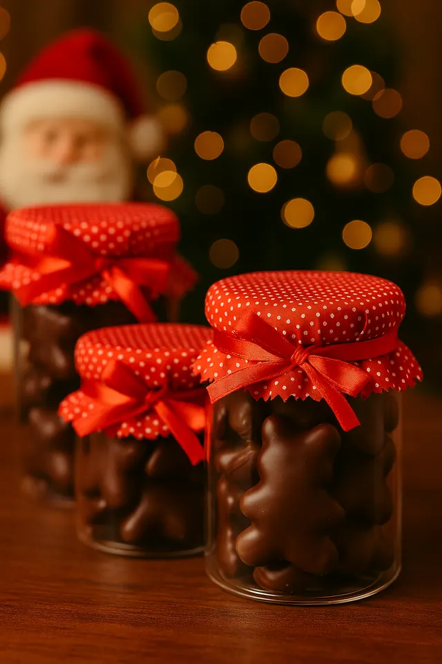 Bolachas de mel cobertas de chocolate em potes de presente