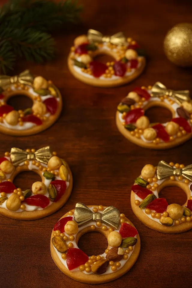 Guirlandas doces decoradas com castanhas e laço dourado