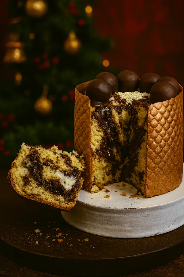 Dressed panetone mesclado de chocolate, cortado, com brigadeiros no topo