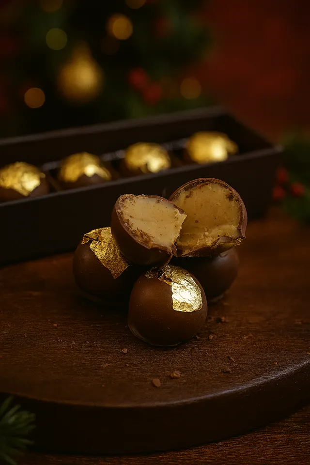 Brigadeiros de pão de mel com detalhe em folha de ouro