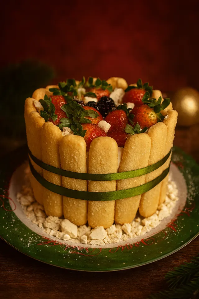 Charlotte de frutas vermelhas com biscoitos champanhe e fita verde