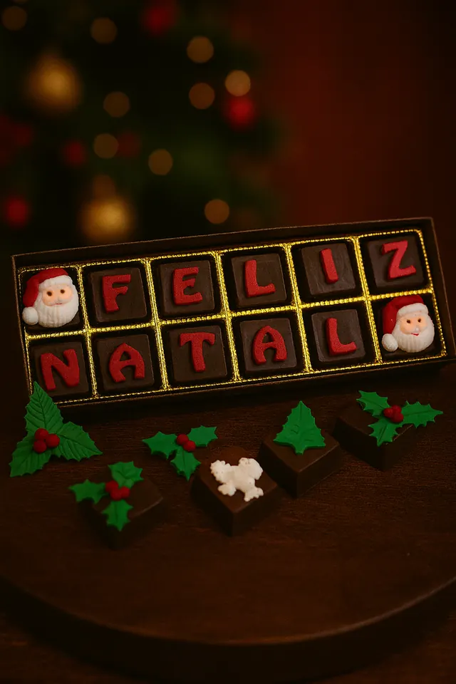 Bombons trufados em caixa com a frase Feliz Natal